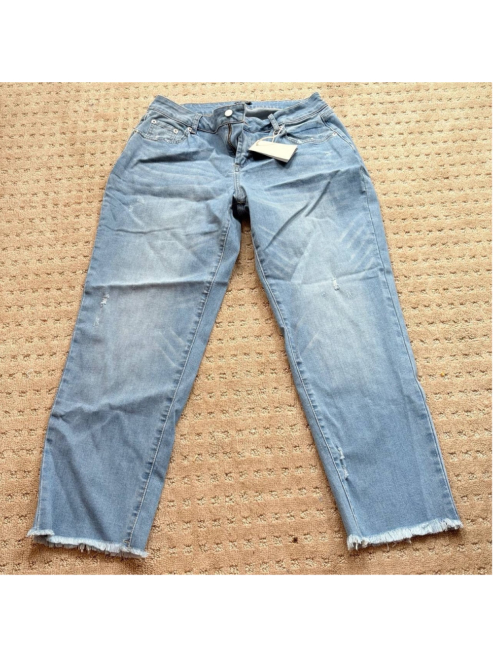 Flamingals Raw Hem Ripped Distressed Mid Waist Straight Leg Crop Jeans Blue M - Picture 5 of 5
